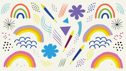 Colorful abstract pattern with rainbows, flowers, pens, and geometric shapes on a light background