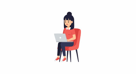 Girl with Laptop Sitting on Chair – Cute Flat Style Illustration for Freelance, Remote Work, or Study Concept