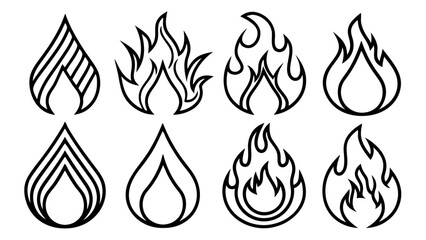 Fire flame line set icons in line art style collection