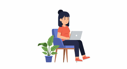 Girl with Laptop Sitting on Chair &ndash; Cute Flat Style Illustration for Freelance, Remote Work, or Study Concept