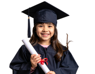Smiling Preschool Girl in Graduation Cap Holding Diploma PNG