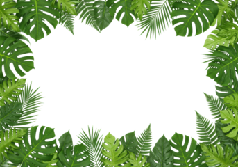 Vibrant green border of glossy Monstera, palm, and fern leaves frames a clean white background in a flat lay studio shot, illuminated by shadowless light. Concept of tropical freshness and copy space