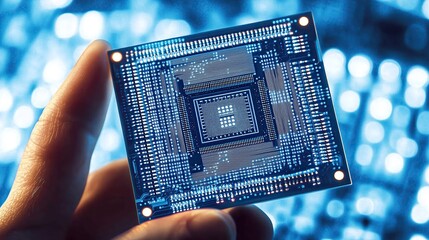 Hand Holding Microchip Vector with Code Data Background, Blue Tech Theme Highlighting Circuit Details for AI, Computer Science Concepts