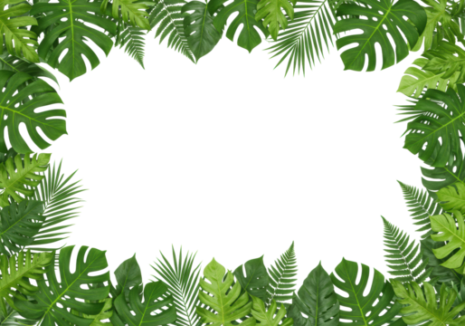 Vibrant green border of glossy Monstera, palm, and fern leaves frames a clean white background in a flat lay studio shot, illuminated by shadowless light. Concept of tropical freshness and copy space