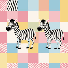 Two Cute Cartoon Zebras on a Pastel Geometric Background.