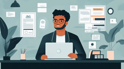 Fototapeta premium A businessman interacts with virtual icons to check rankings for student loans, mortgages, and credit cards