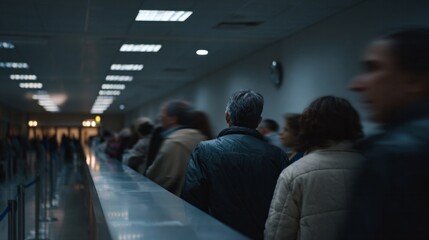 In the dimly lit corridor, diverse travelers await like protagonists of a journey, evoking World Tourism Day anticipation