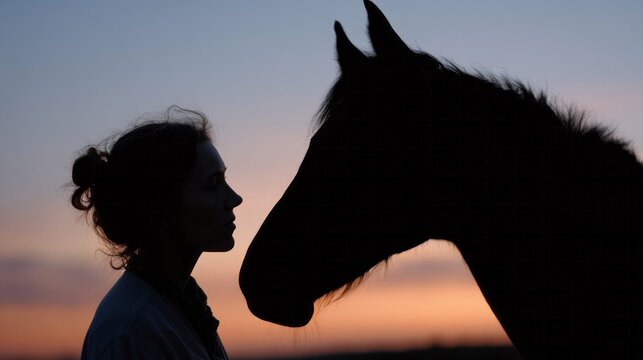 Silhouette of pensive woman against horse at dusk, equine whispering, Celtic equinox reflections, tranquil equestrian bonding moment - Powered by Adobe