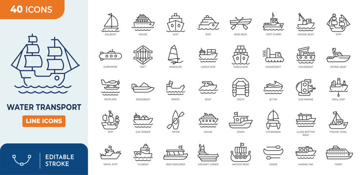 Fototapeta Water Transport line editable icon set. Containing ship, yacht, cruise, cargo shipping, ferry, boat, and more. Editable stroke. Vector illustration