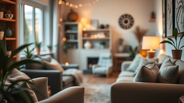 Cozy living space with warm lighting and comfortable seating, evoking a relaxed and inviting atmosphere.