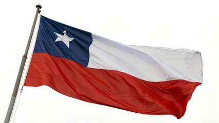 The national flag of chile waves proudly against a bright white sky, showcasing its vibrant colors