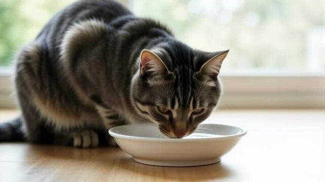 A playful cat happily drinks water from a bowl in a sunlit room