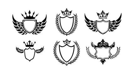 Vector heraldic shield logo design collection with crowns and wings elements set