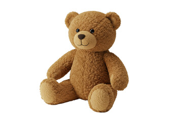 Obraz premium A classic, plush brown teddy bear, 12-15 inches tall, with soft, fluffy texture, gentle smile, and shiny eyes, sitting relaxed on a transparent background with no shadows, concept of childhood