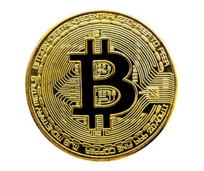 Bitcoin isolated on white background. Cryptocurrency - photo of golden bitcoin physical gold coin. Symbol of the crypto currency.