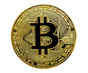 Bitcoin isolated on white background. Cryptocurrency - photo of golden bitcoin physical gold coin. Symbol of the crypto currency.