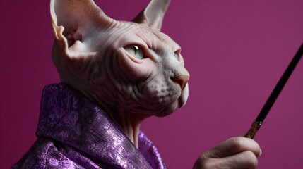 Regal Sphynx cat in purple robes, channeling mystical feline wizardry for whimsical Feline Festival and International Cat Day