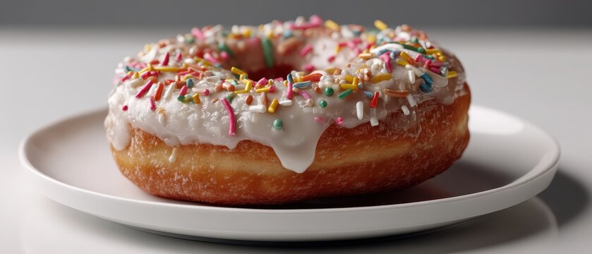 Glazed donut with sprinkles on white plate – fresh baked dessert treat