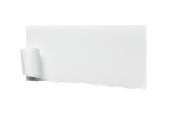 Pristine matte white paper with jagged tear and fibrous texture on a seamless bright white background, ample copy space, no shadows, sharp focus, studio lighting, slightly high shot, concept of