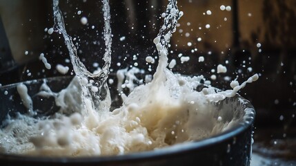 High speed close up of milk droplet splashing into metal bucket during hand milking capturing fluid motion simplicity of traditional farming technique droplet freeze mid air striking visual effect