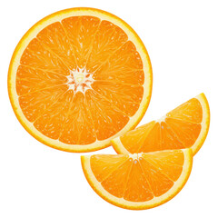 Fototapeta premium A single vibrant orange slice and three plump segments displaying translucent pulp, juice vesicles, and glossy surface on a clean, shadowless white studio background, ultra-realistic commercial food