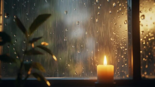 Rainy night, 4K, seamless looped animation, candle on windowsill, raindrops on glass, warm glowing light, cozy interior, realistic 3D, ambient mood, calm background