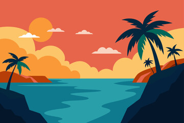 Sunset Cliffs Tropical Paradise Landscape Illustration