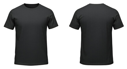 Front and back view of a plain black tshirt isolated on white background