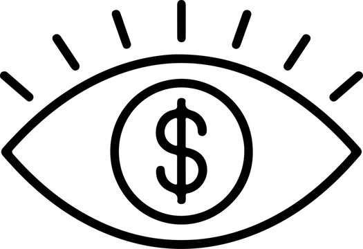 Stylized eye with a dollar sign in the pupil and radiating lines