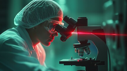 Scientist Laser Microscope Experiment Vector, Green Background Red Beam Illuminating Specimen 3D Render for Biotech Research