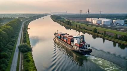 Aerial view of container ship transporting goods sailing across ocean leaving the port
