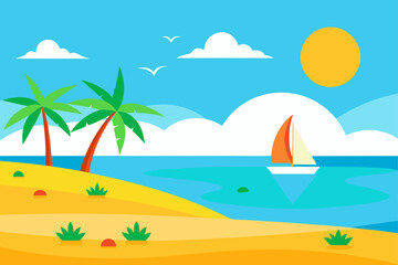 Obraz premium Vibrant Tropical Beach Scene Sun Sand Sailboats and Ocean