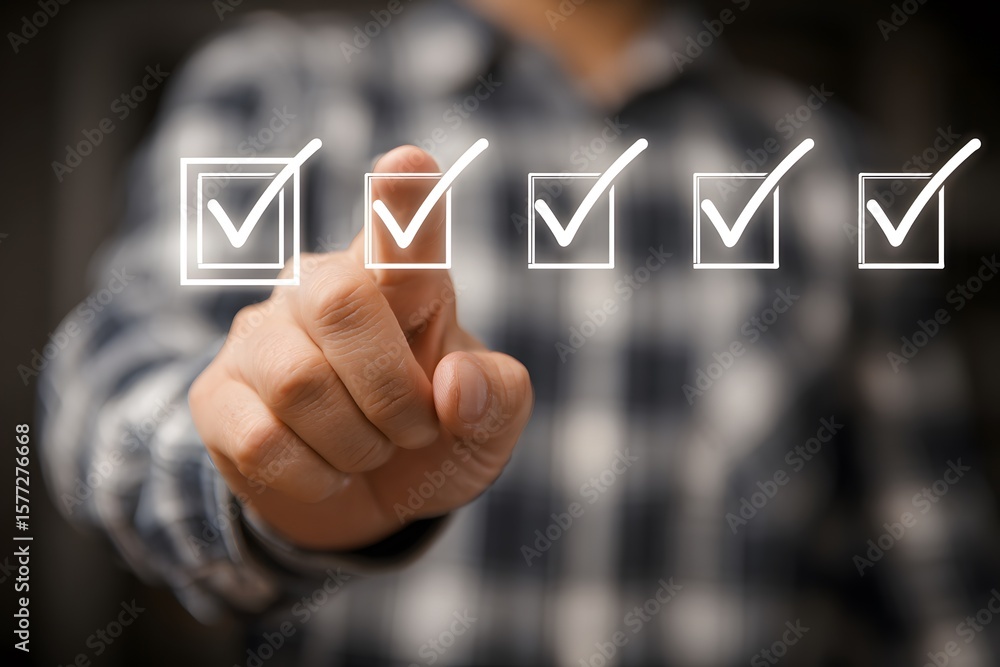 Poster person selecting checkboxes on a transparent interface