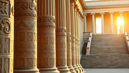 Ancient stone pillars with intricate carvings leading to a grand staircase, embodying classical architectural elegance.