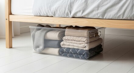 A clear storage box filled with neatly folded blankets in neutral colors placed under a wooden bed frame on a light wooden floor.