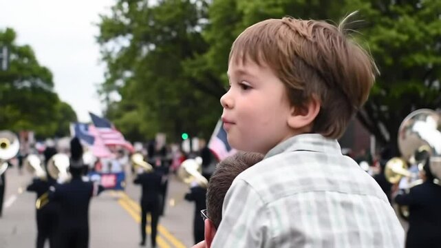 boy sitting on father's shoulders enjoying labor day parade. child's amazed expression watching marching musicians with american flags. family celebration, community gathering, tradition, holiday