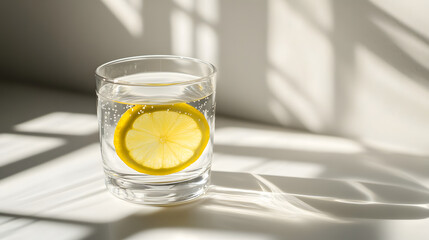 Glass of water with lemon slice on white table