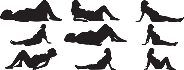 Silhouettes of pregnant women in various reclining poses showcase maternity and expectant motherhood. © Masud010