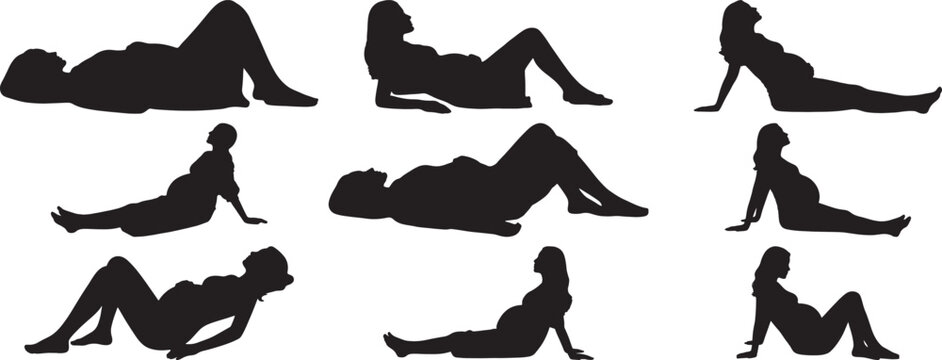 Silhouettes of pregnant women in various reclining poses showcase maternity and expectant motherhood.