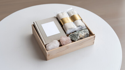 Luxury wellness gift box with natural spa products and healing crystals in sustainable wooden packaging