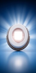 Bright white LED light source with silver heatsink emitting light rays on blue background