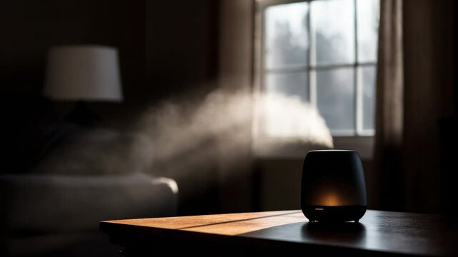 Elegant home setting with a diffuser releasing mist near a window during afternoon light