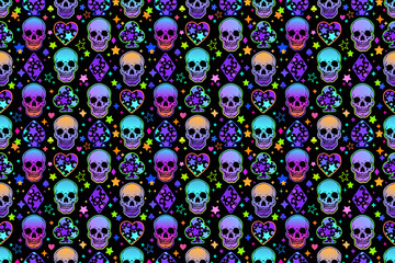 Seamless pattern of colorful skulls and card suits