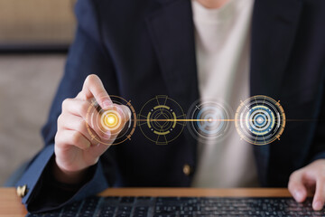 Corporate professionals crafting an AI prompt on a digital device, perfect for innovation, future...