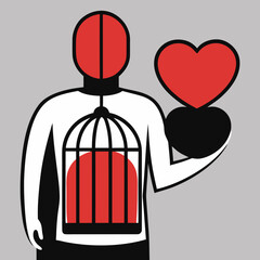 Emotional Silhouette of Human Holding a Caged Heart Showing Symbol of Love, Heartbreak, and Self-Defense

