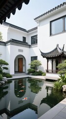 Fototapeta premium Traditional Chinese-style house with a serene koi pond and garden
