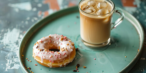Pink Iced Donut with Sprinkles and Iced Coffee on Plate

