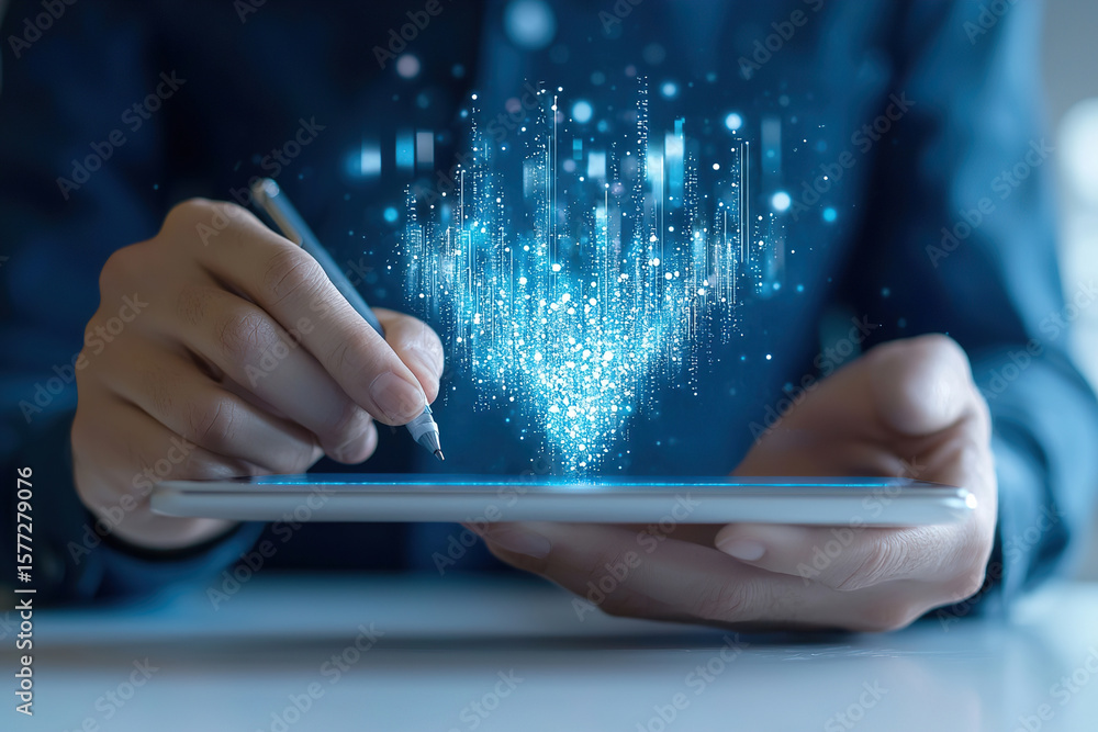 Poster close up of person using digital tablet to create visual representation of data, showcasing creativi