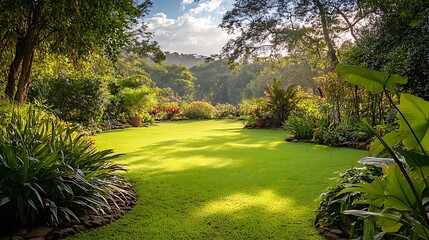 Fototapeta premium Beautiful lush garden with green grass, flowers, and trees on a sunny day