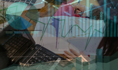 Businessman image analyzing graphs and data, business report
